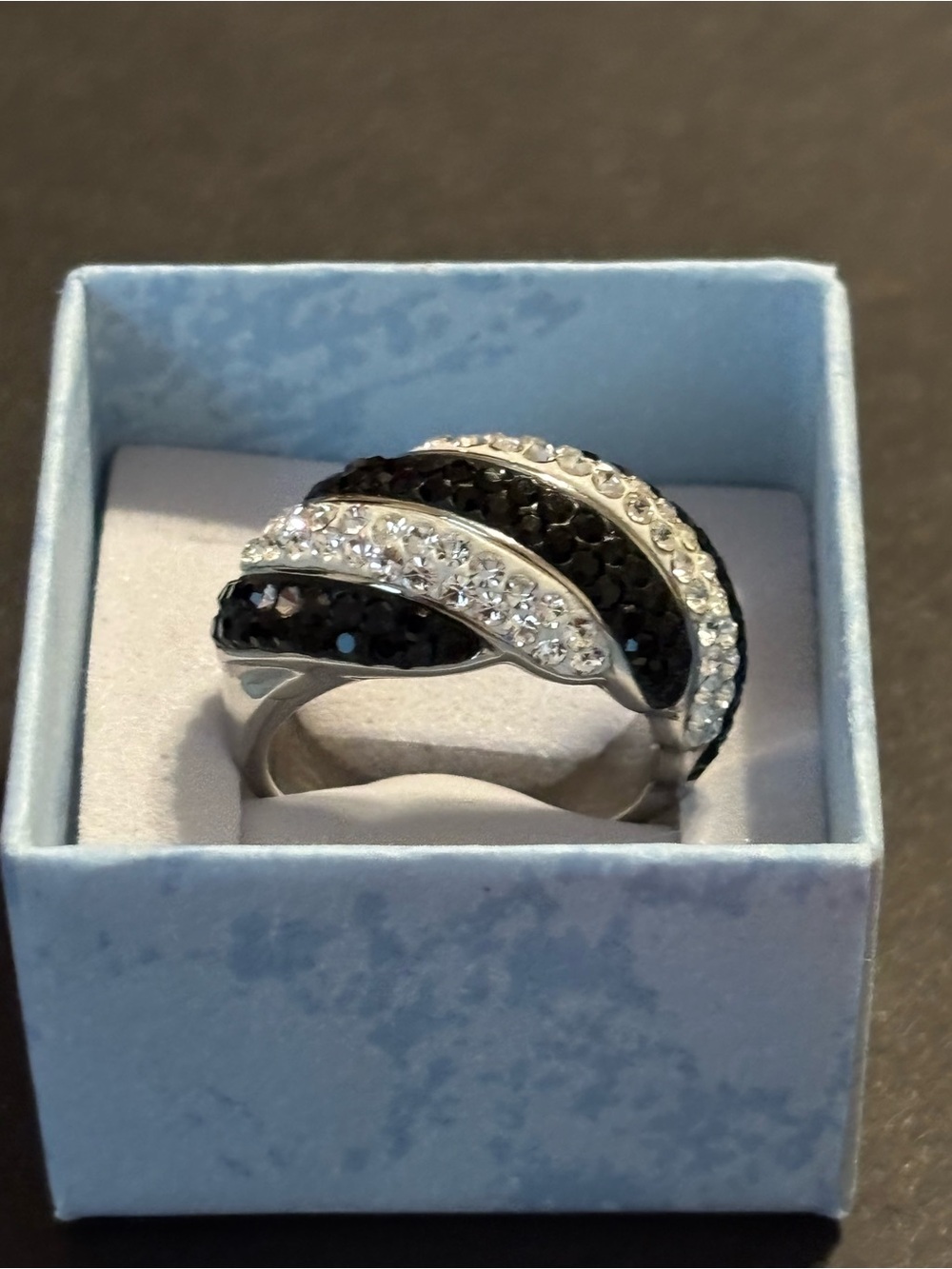 JCM Stainless Steel Black & Clear Crystal Swirl Ring Size 8⁠